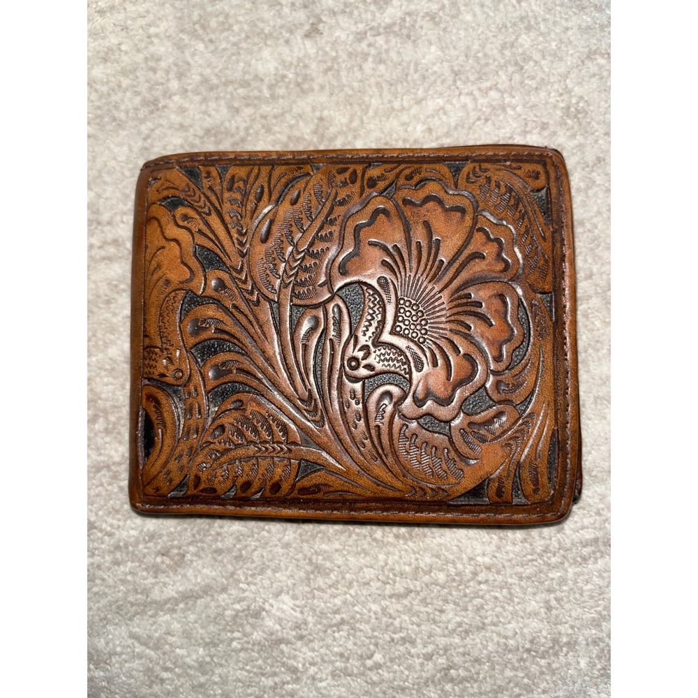 Ariat Mens Brown Tooled Leather Bifold Wallet Western Floral Hand Tooled Design